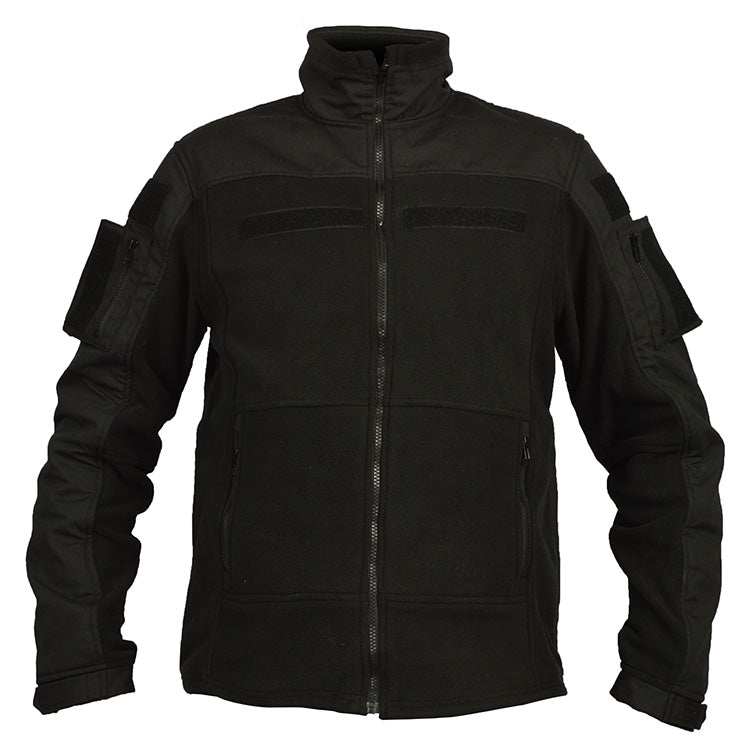Chaqueta táctica Combat Fleece negra con bolsillos en mangas y paneles velcro para parches