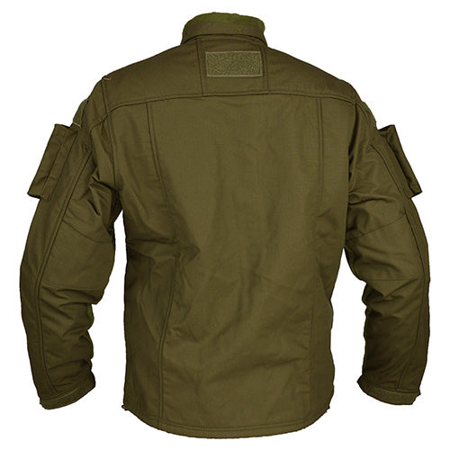 Chaqueta táctica COMBAT FLEECE verde con bolsillos en mangas y paneles velcro para parches