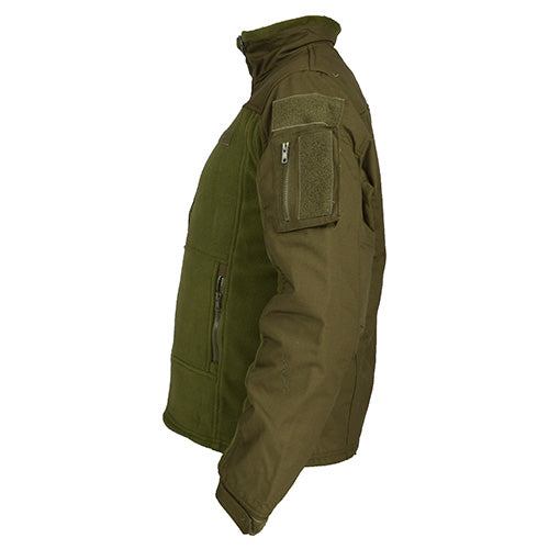 Chaqueta táctica COMBAT FLEECE verde con bolsillos en mangas y paneles velcro para parches