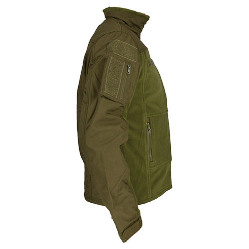 Chaqueta táctica COMBAT FLEECE verde con bolsillos en mangas y paneles velcro para parches
