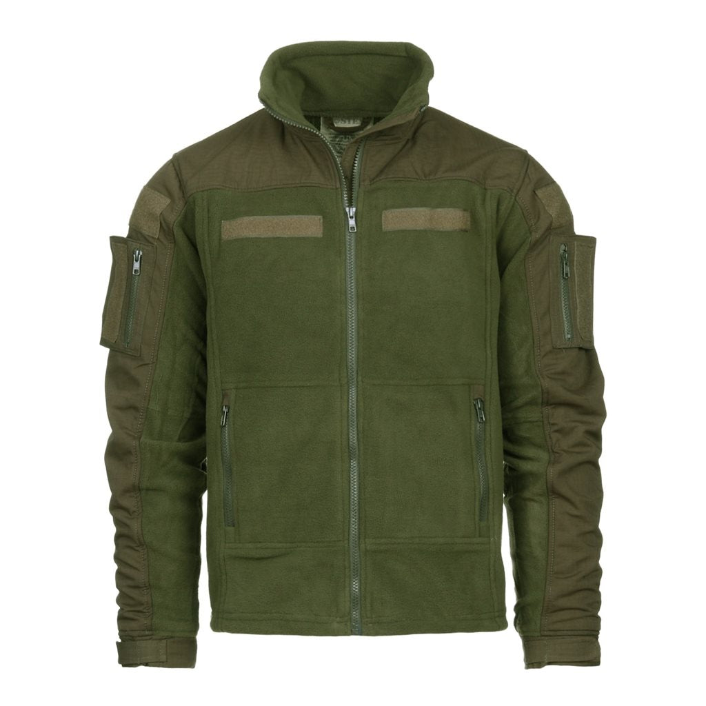 Chaqueta táctica COMBAT FLEECE verde con bolsillos en mangas y paneles velcro para parches