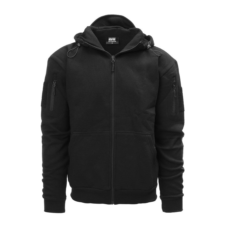 Sudadera tactica negra TASK FORCE con cremallera YKK, capucha ajustable con alambre de memoria y paneles VELCRO