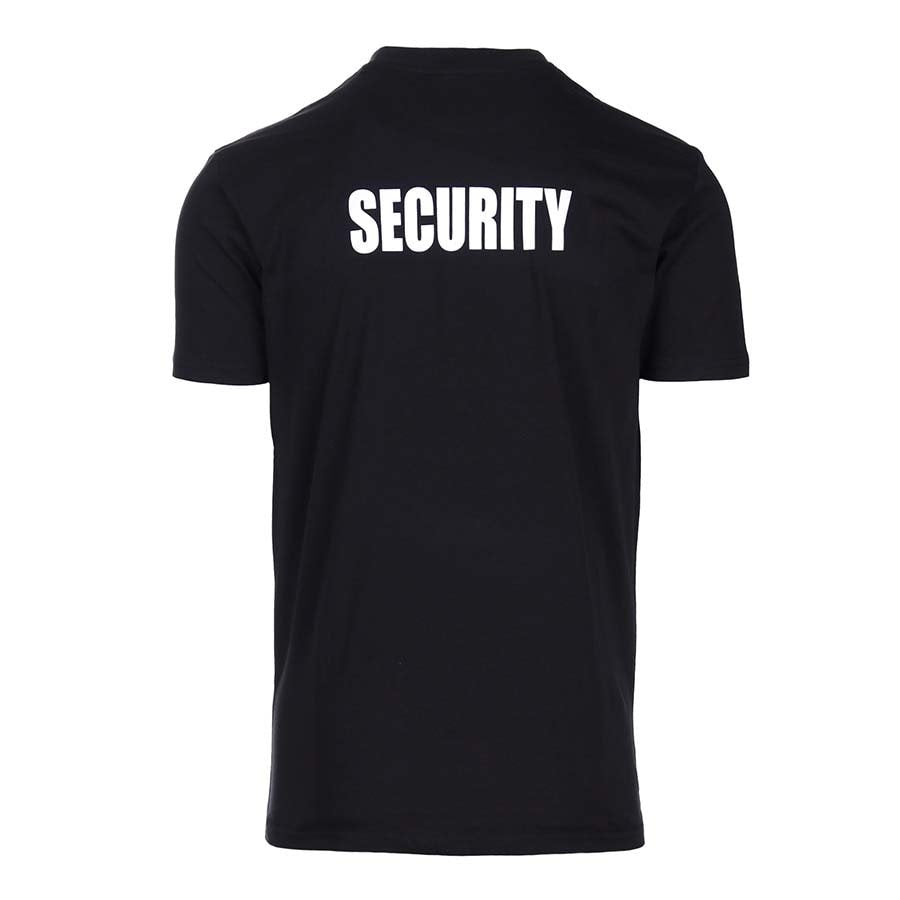 Camiseta negra de manga corta con inscripción 'SECURITY' grande en la espalda y pequeña en el pecho