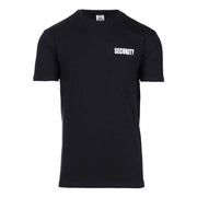 Camiseta negra de manga corta con inscripción 'SECURITY' grande en la espalda y pequeña en el pecho