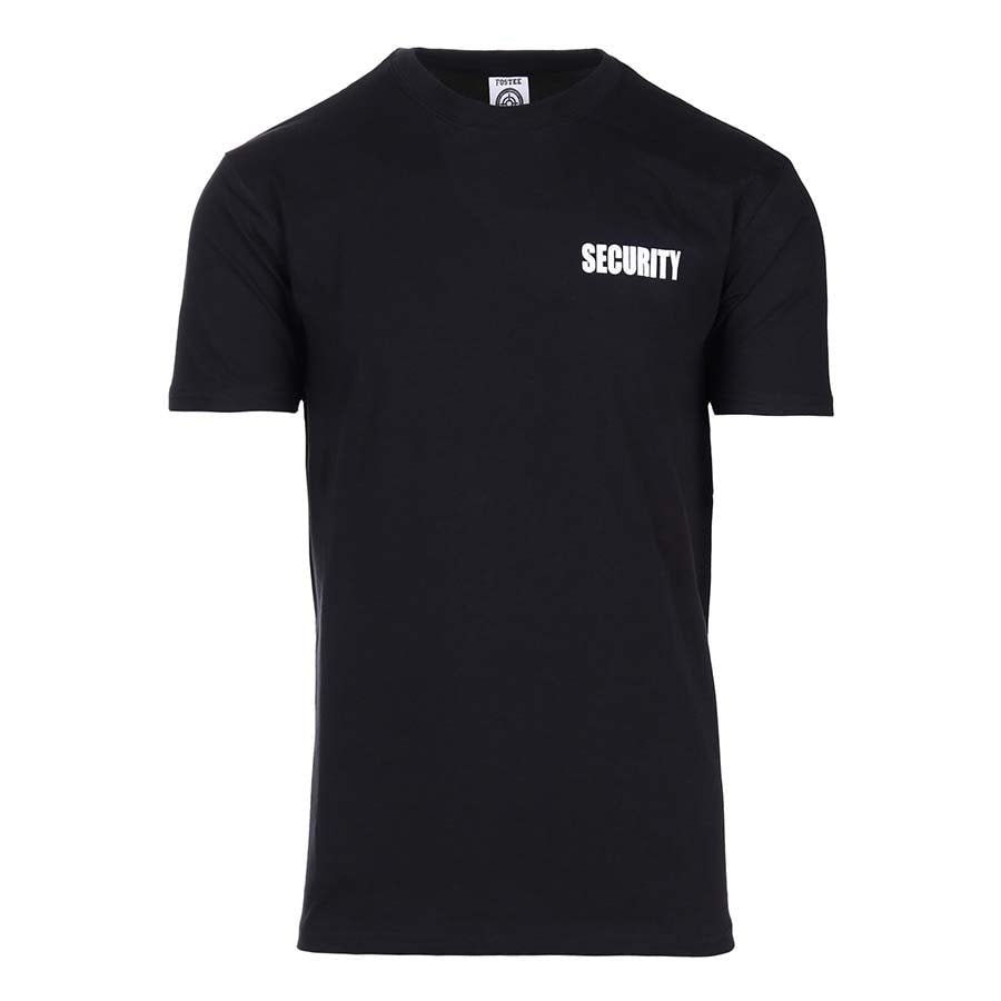 Camiseta negra de manga corta con inscripción 'SECURITY' grande en la espalda y pequeña en el pecho