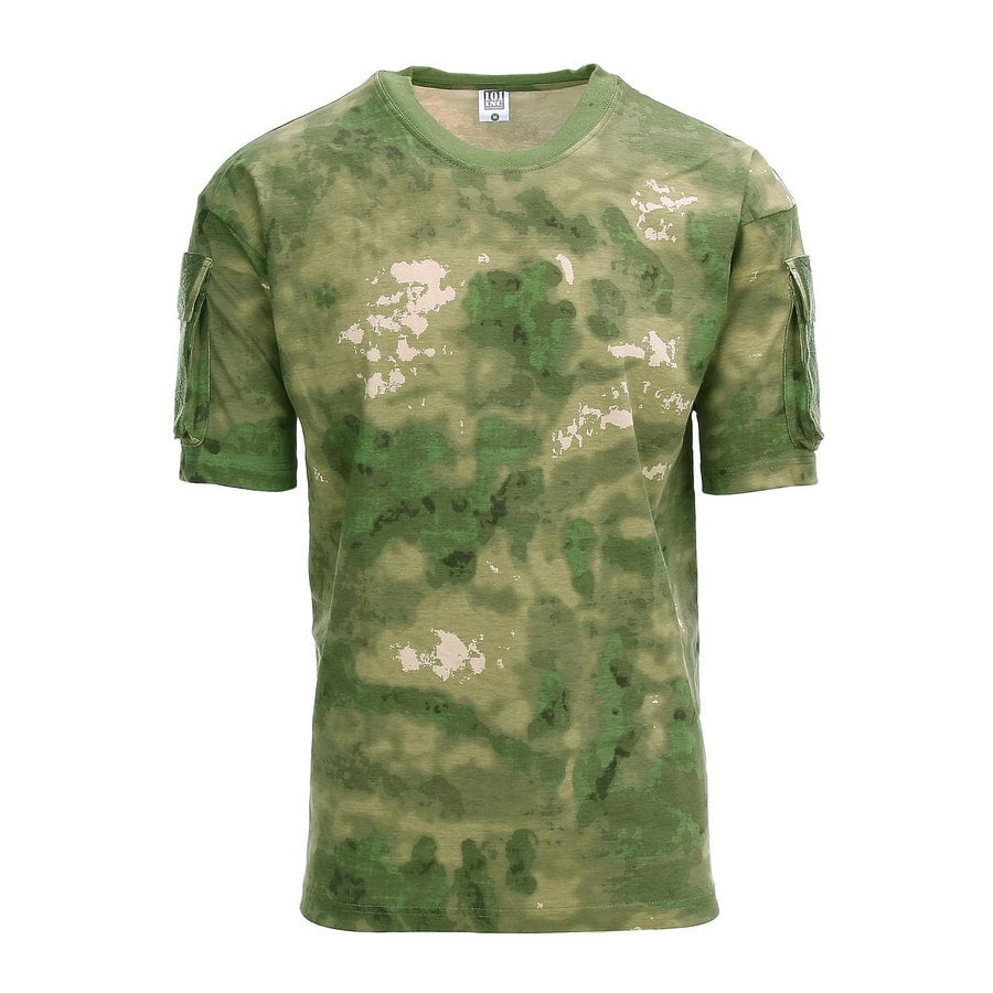 Camiseta táctica camuflada con bolsillos en las mangas y paneles velcro