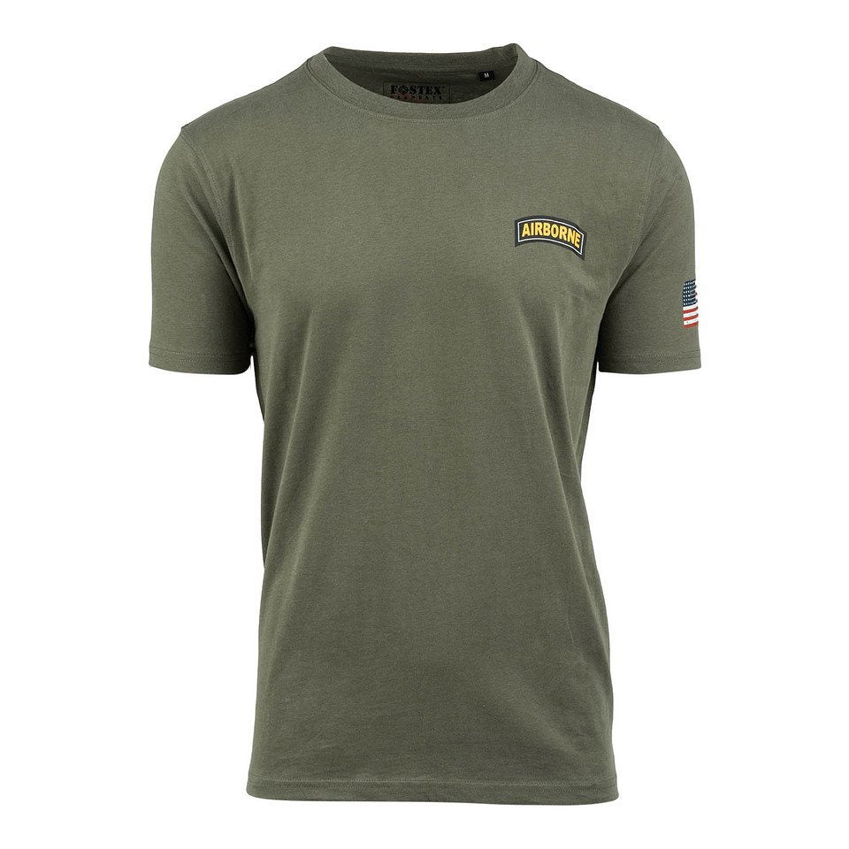 Camiseta 101st Airborne con emblema circular grande, texto AIRBORNE y bandera de EE. UU., 100% algodón