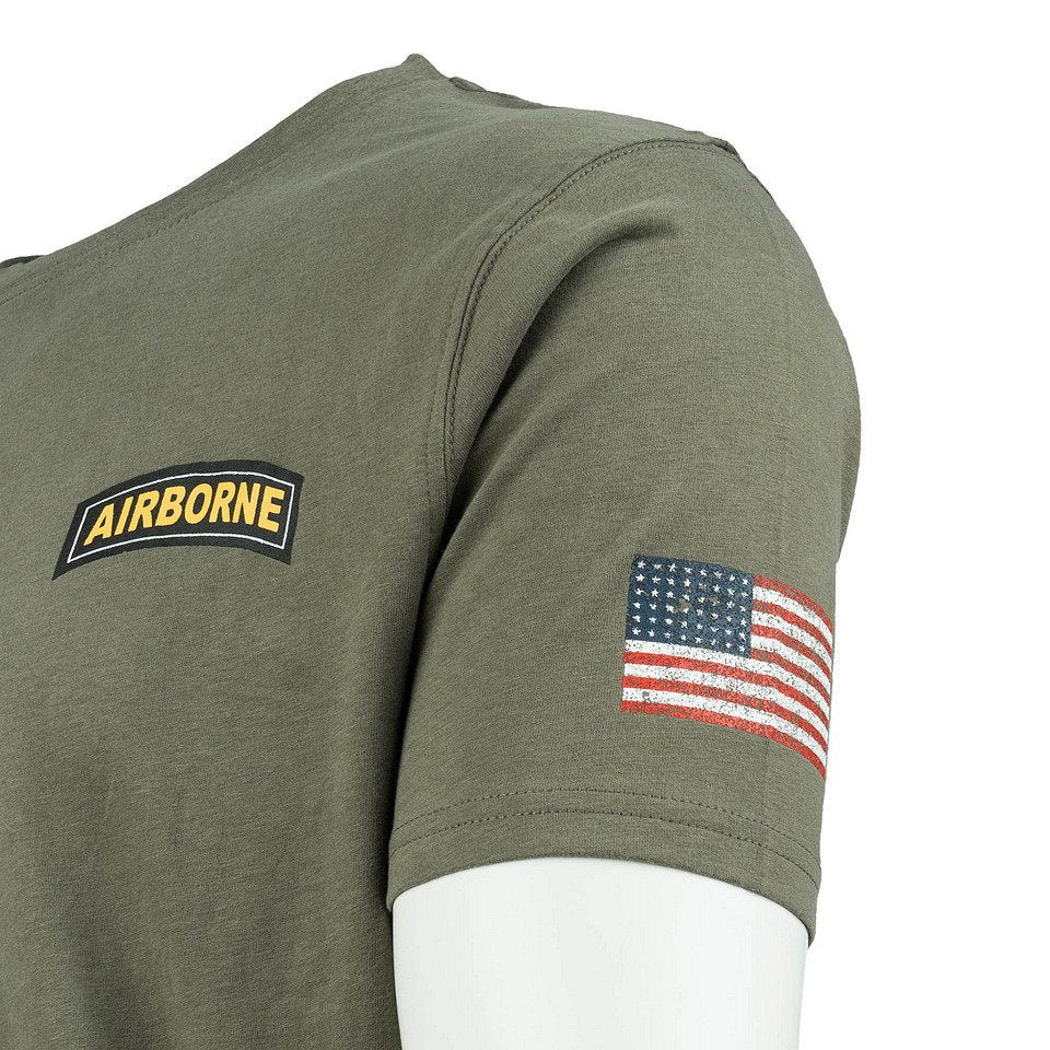 Camiseta 101st Airborne con emblema circular grande, texto AIRBORNE y bandera de EE. UU., 100% algodón