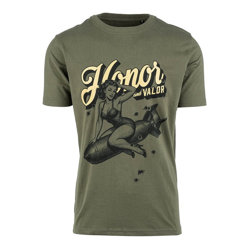 Camiseta con estampado pin-up 'Honor y Valor' en el frontal