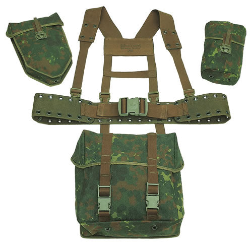 Set portante BW KTS 5 piezas Flecktarn usado: bolsa de campaña, cinturón, tirantes, funda cantimplora y funda pala