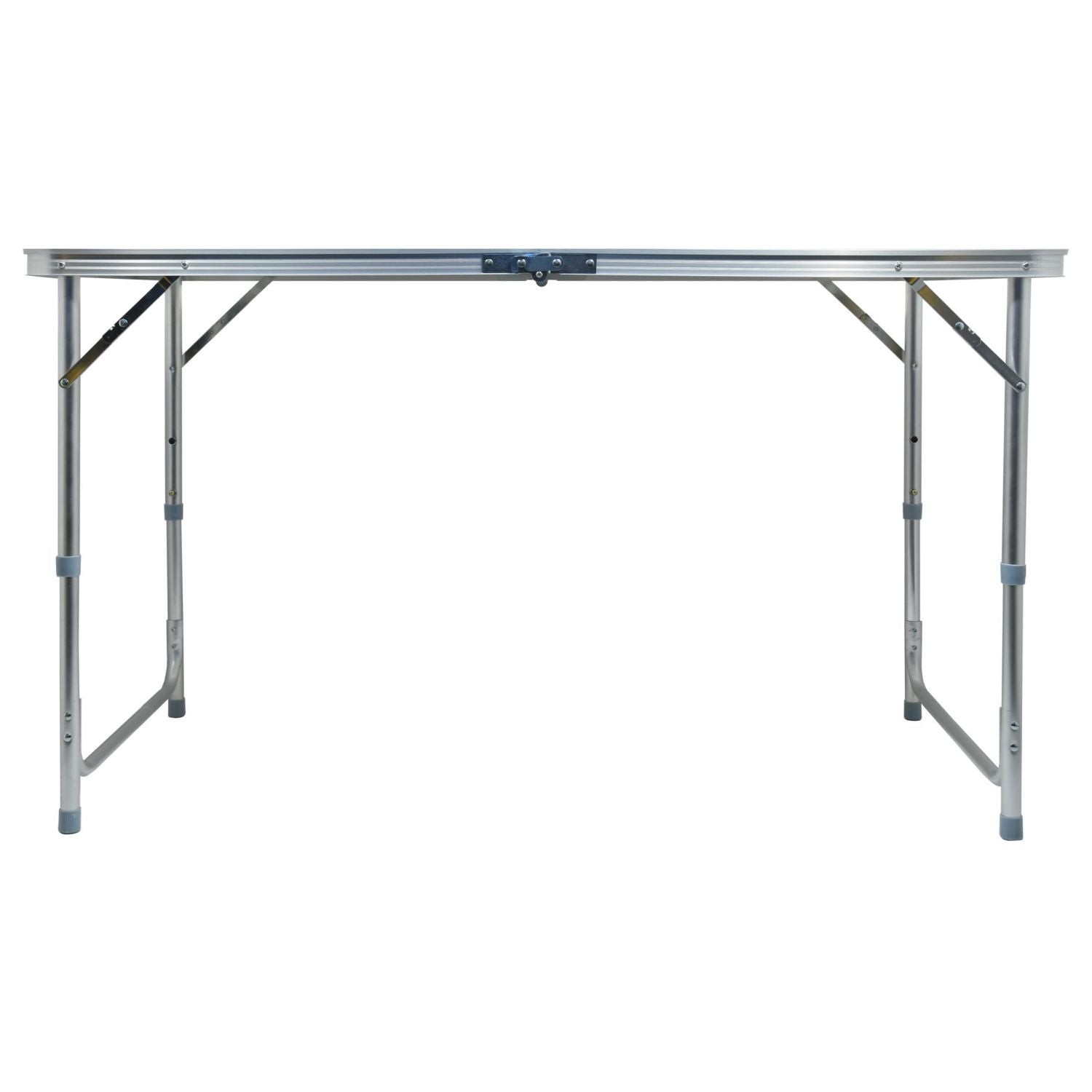 Mesa plegable de camping con tablero de umakart imitación madera, plegada y con asa para transporte