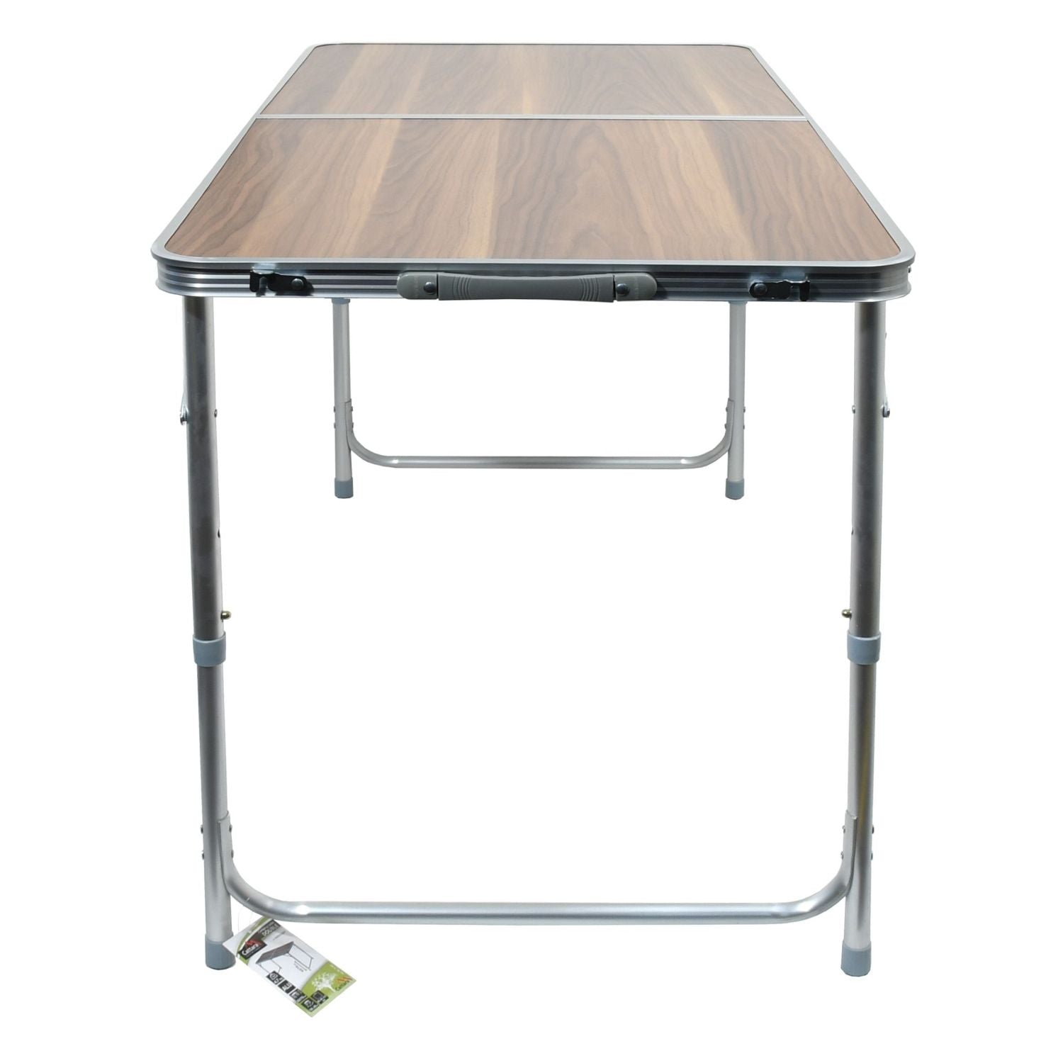 Mesa plegable de camping con tablero de umakart imitación madera, plegada y con asa para transporte