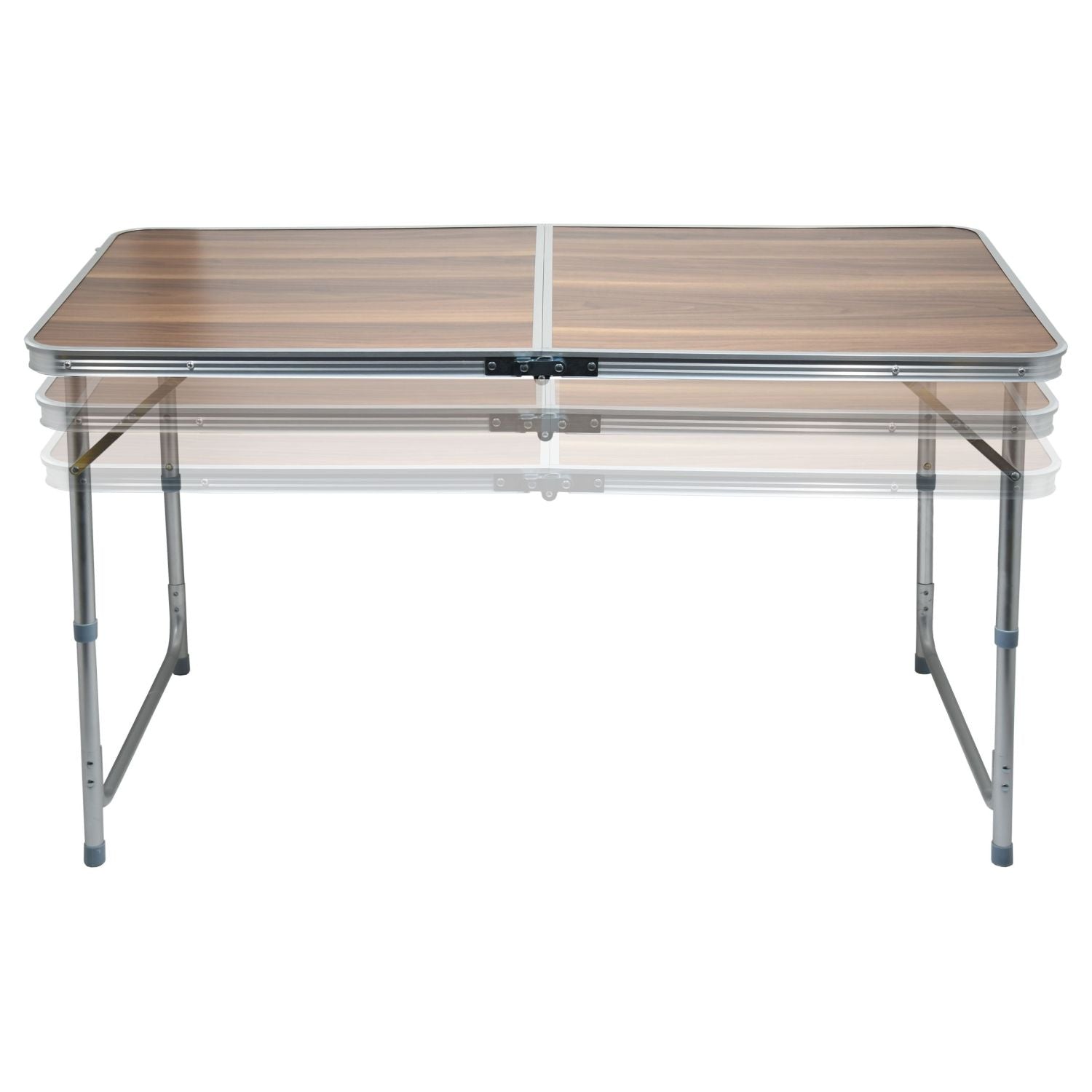 Mesa plegable de camping con tablero de umakart imitación madera, plegada y con asa para transporte