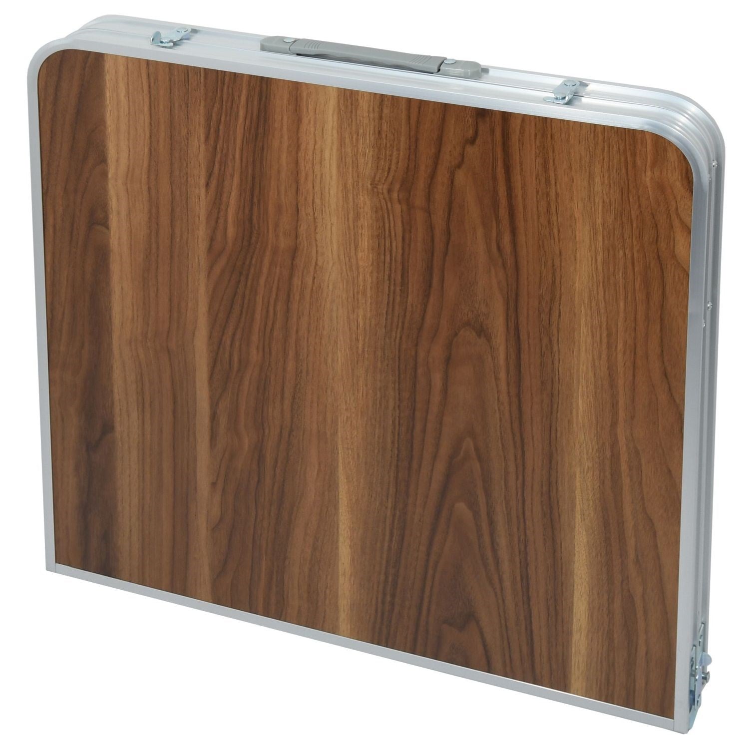 Mesa plegable de camping con tablero de umakart imitación madera, plegada y con asa para transporte