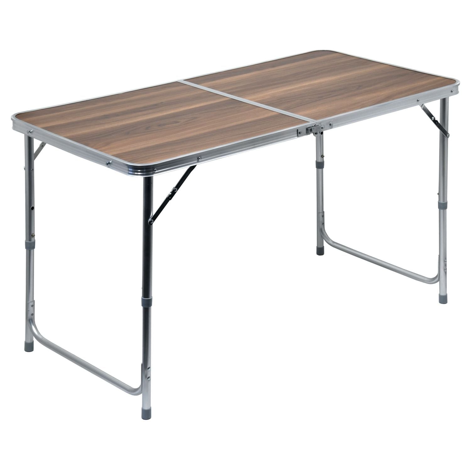 Mesa plegable de camping con tablero de umakart imitación madera, plegada y con asa para transporte