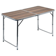 Mesa plegable de camping con tablero de umakart imitación madera, plegada y con asa para transporte