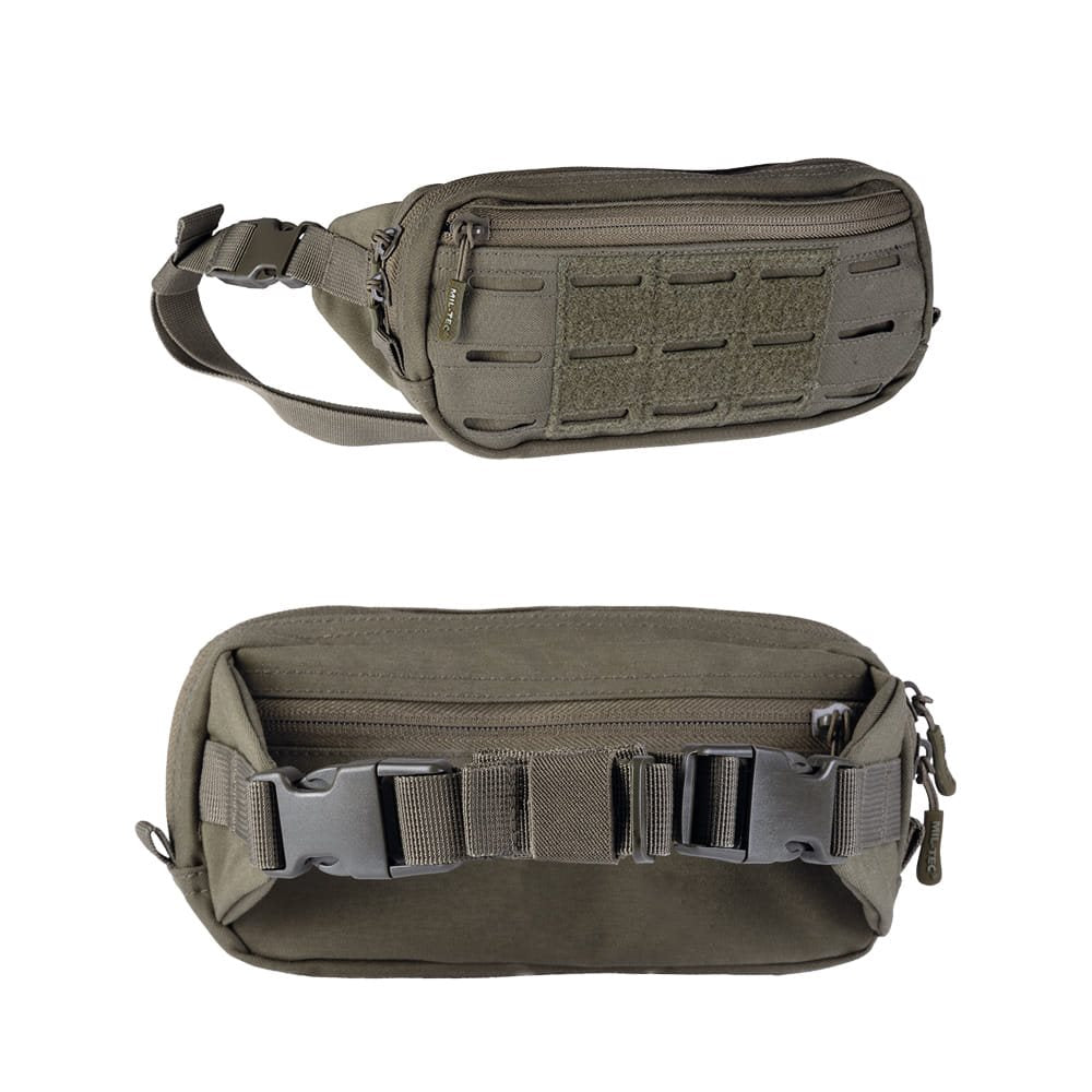 Riñonera negra con panel VELCRO y tejido MOLLE LASER, bolsillos delantero y trasero