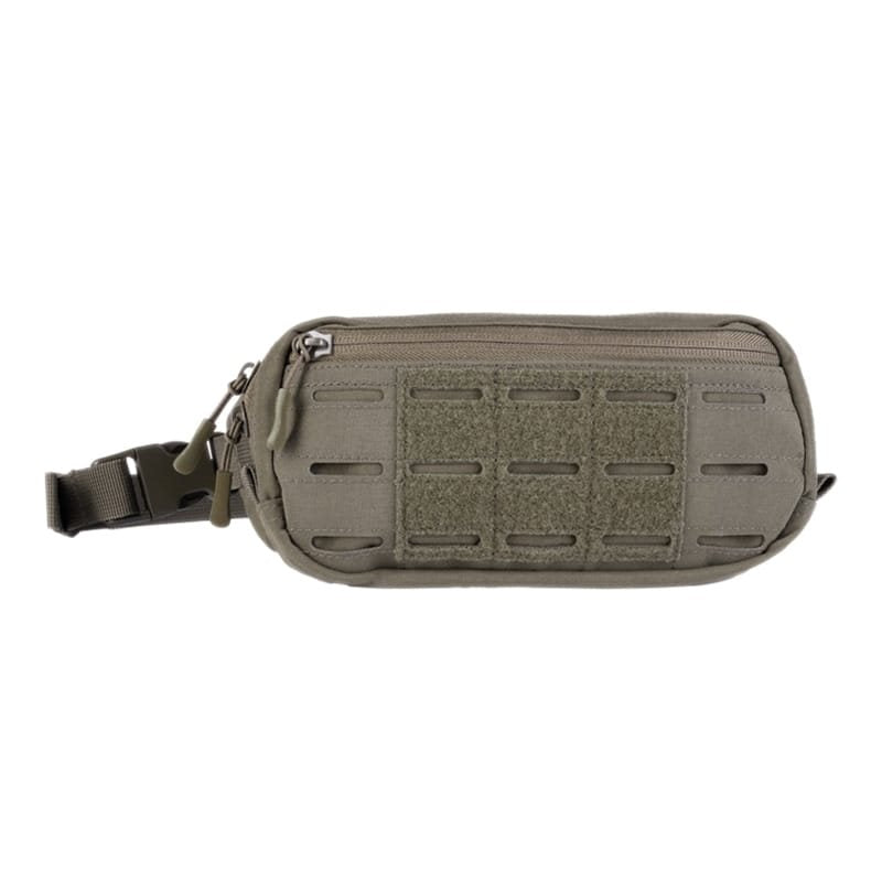 Riñonera negra con panel VELCRO y tejido MOLLE LASER, bolsillos delantero y trasero