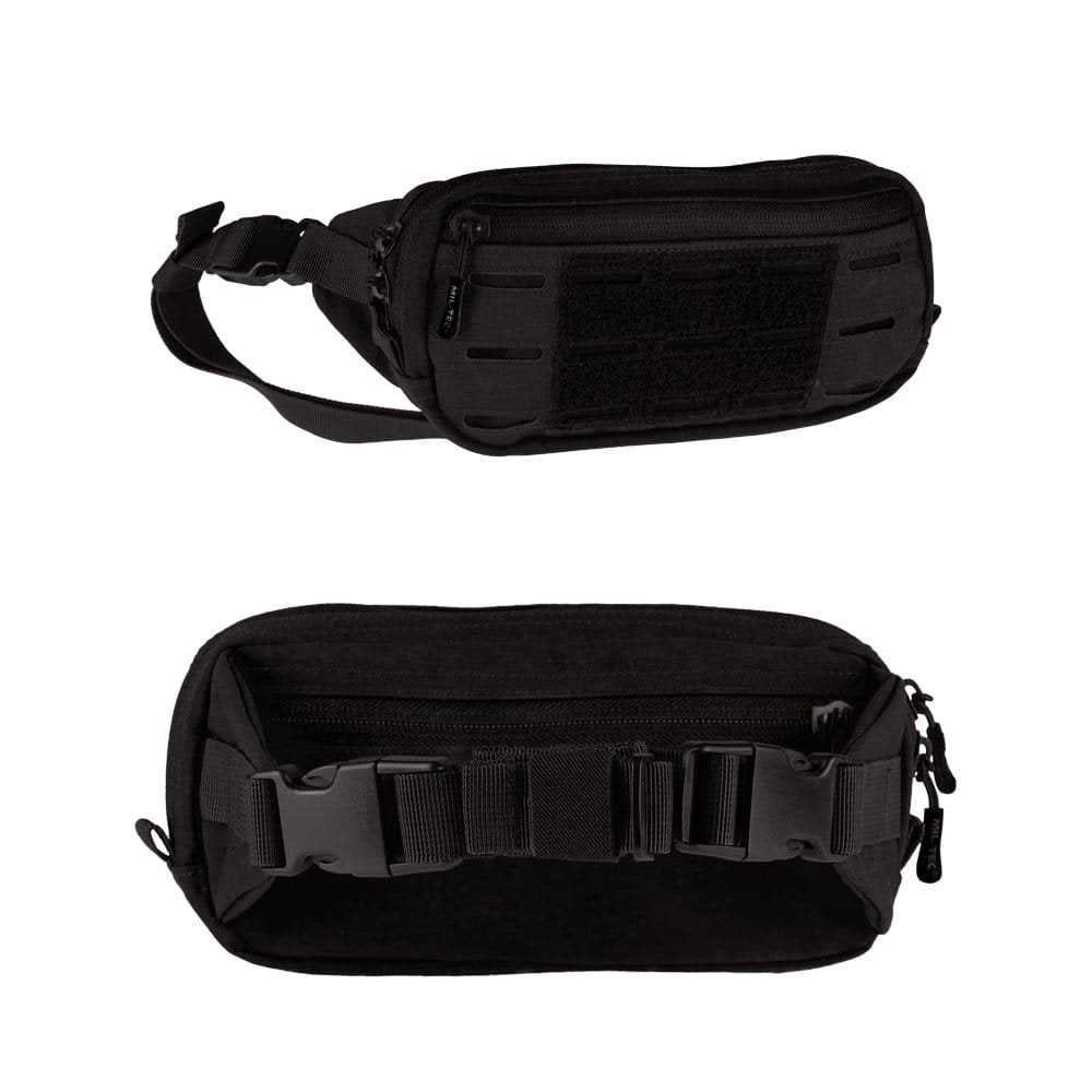 Riñonera negra con panel VELCRO y tejido MOLLE LASER, bolsillos delantero y trasero