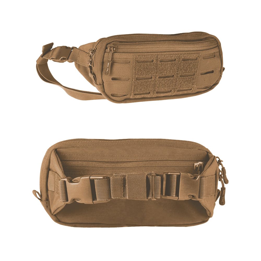 Riñonera negra con panel VELCRO y tejido MOLLE LASER, bolsillos delantero y trasero