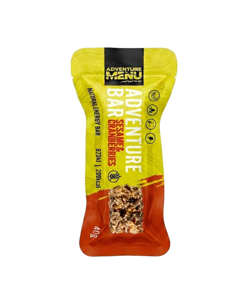 Barrita energética Adventure Bar sésamo y arándanos rojos Adventure Menu 40g 209 kcal sin gluten - Supervivencia Extrema