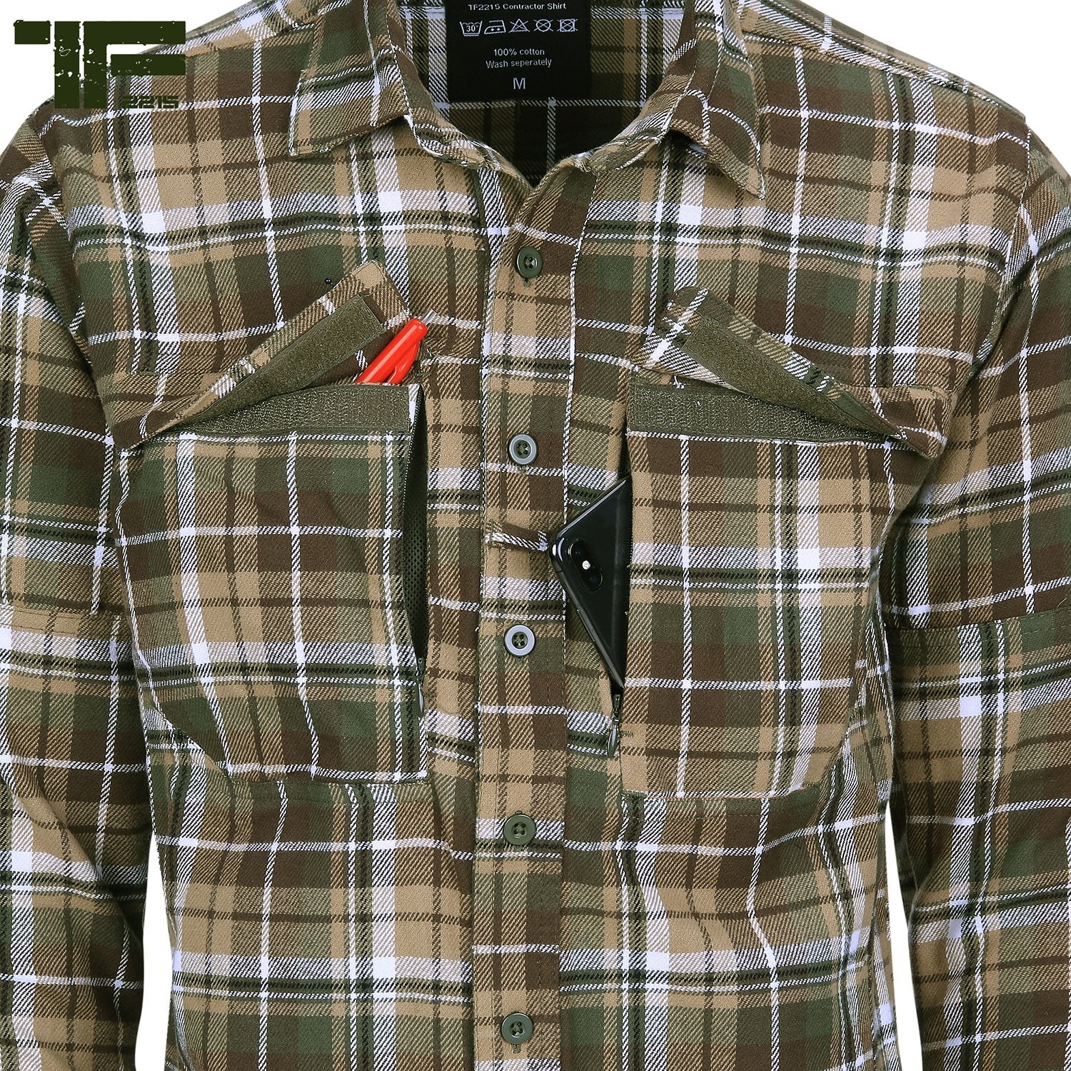 Camisa de franela CONTRACTOR TF2215, 6 bolsillos y paneles de velcro