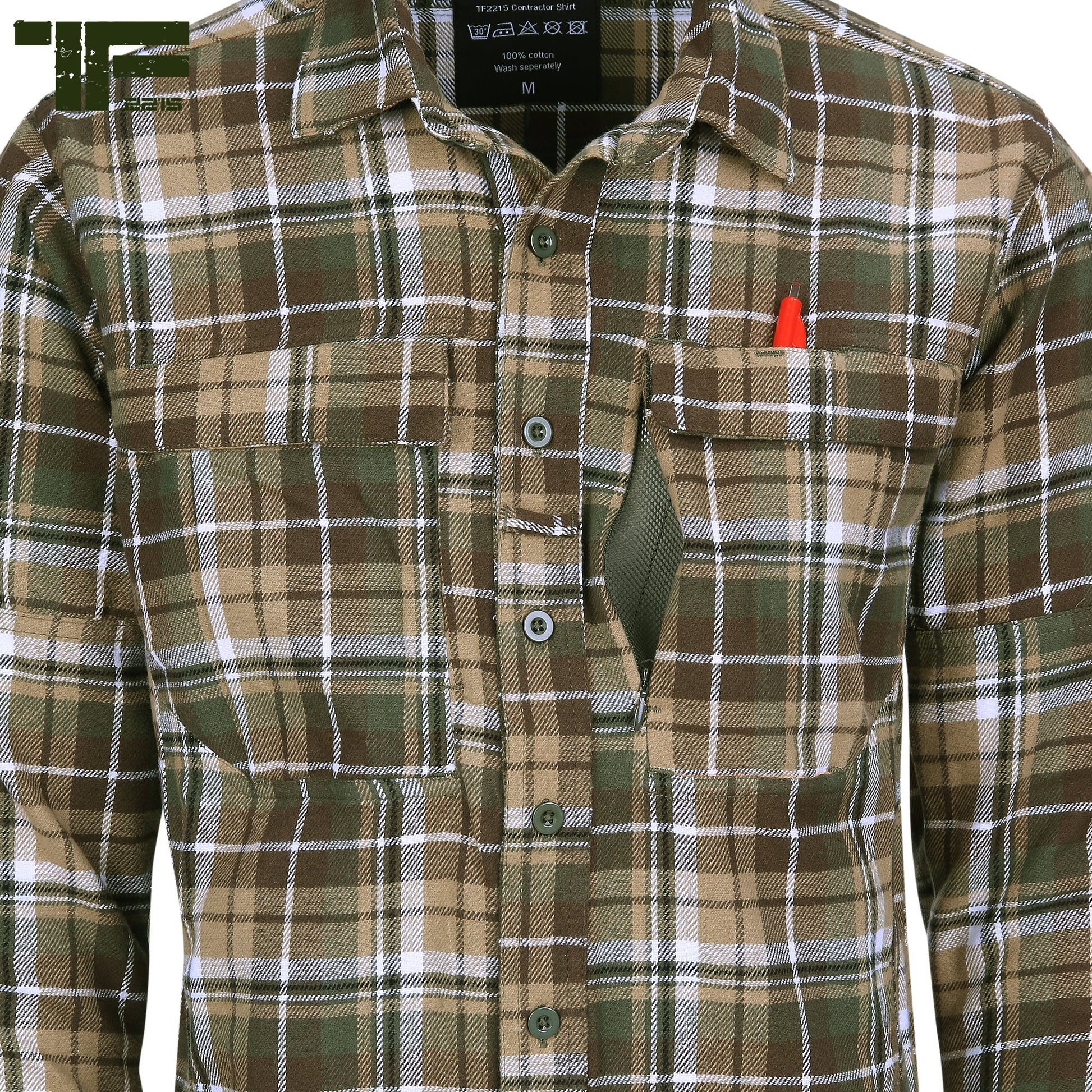 Camisa de franela CONTRACTOR TF2215, 6 bolsillos y paneles de velcro