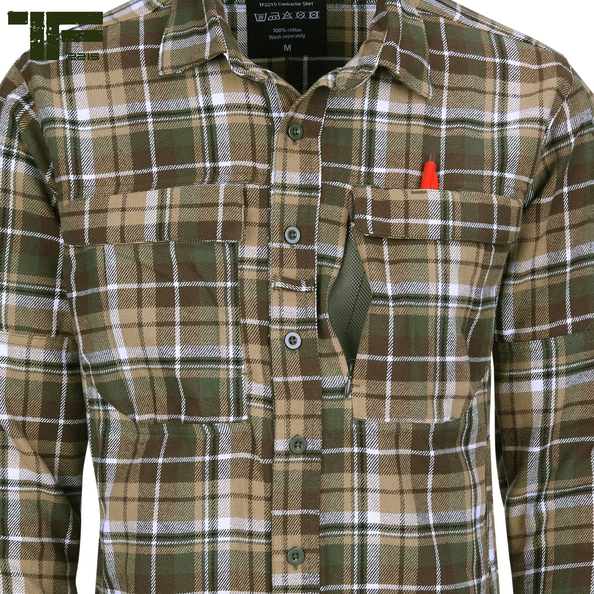 Camisa de franela CONTRACTOR TF2215, 6 bolsillos y paneles de velcro