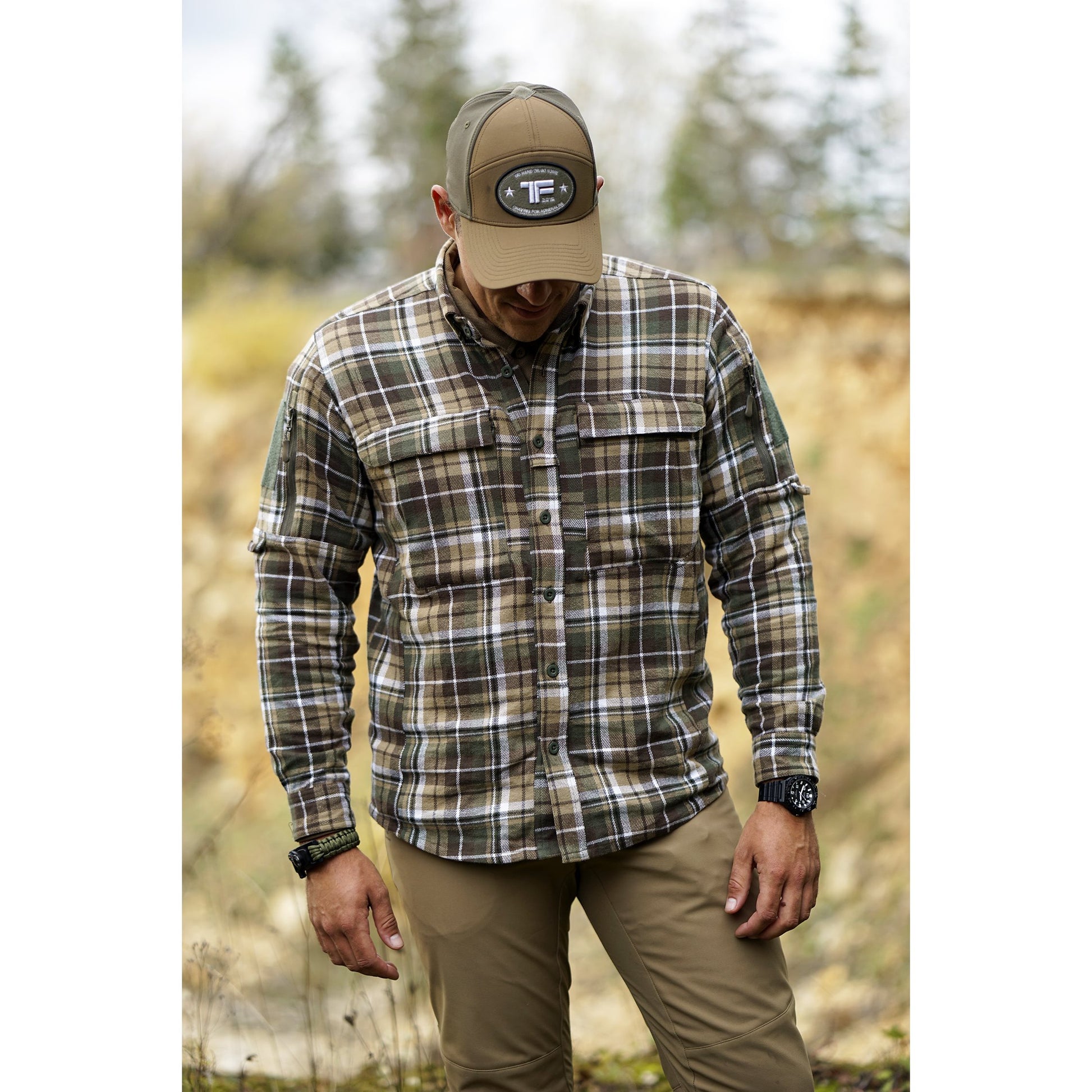 Camisa de franela CONTRACTOR TF2215, 6 bolsillos y paneles de velcro