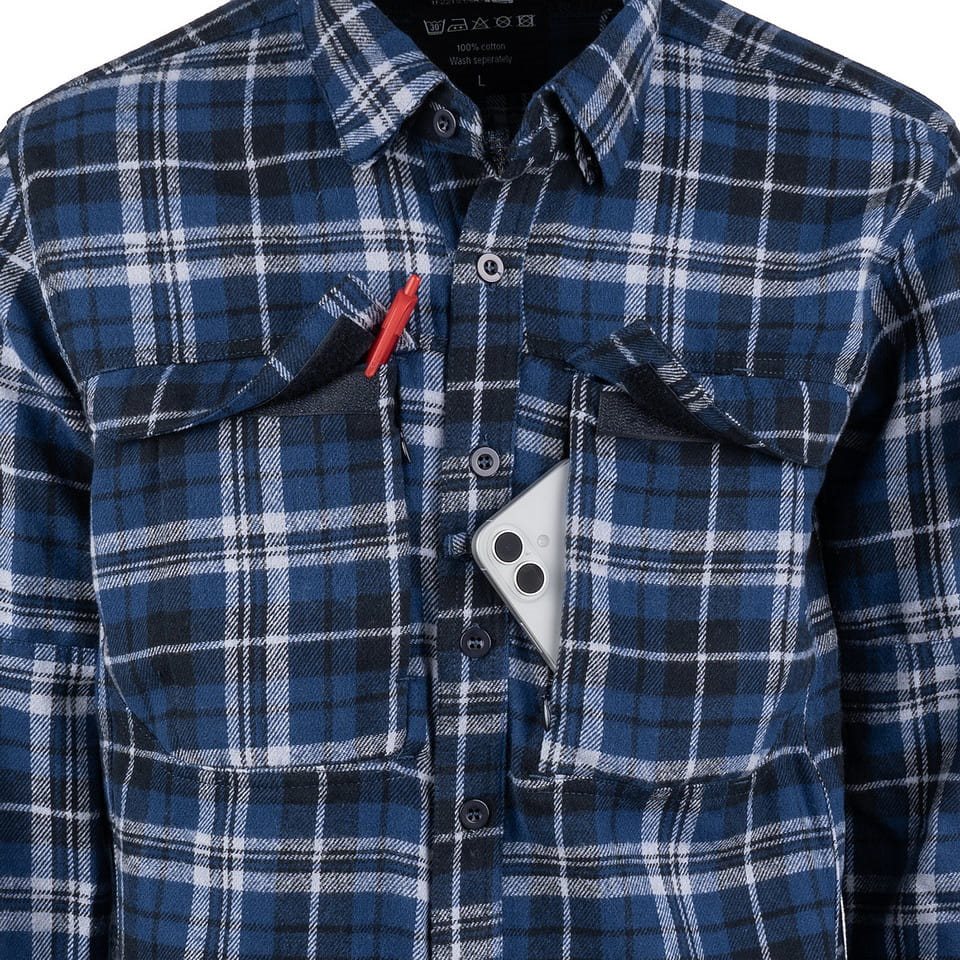 Camisa de franela CONTRACTOR a cuadros azul con 6 bolsillos y paneles de velcro