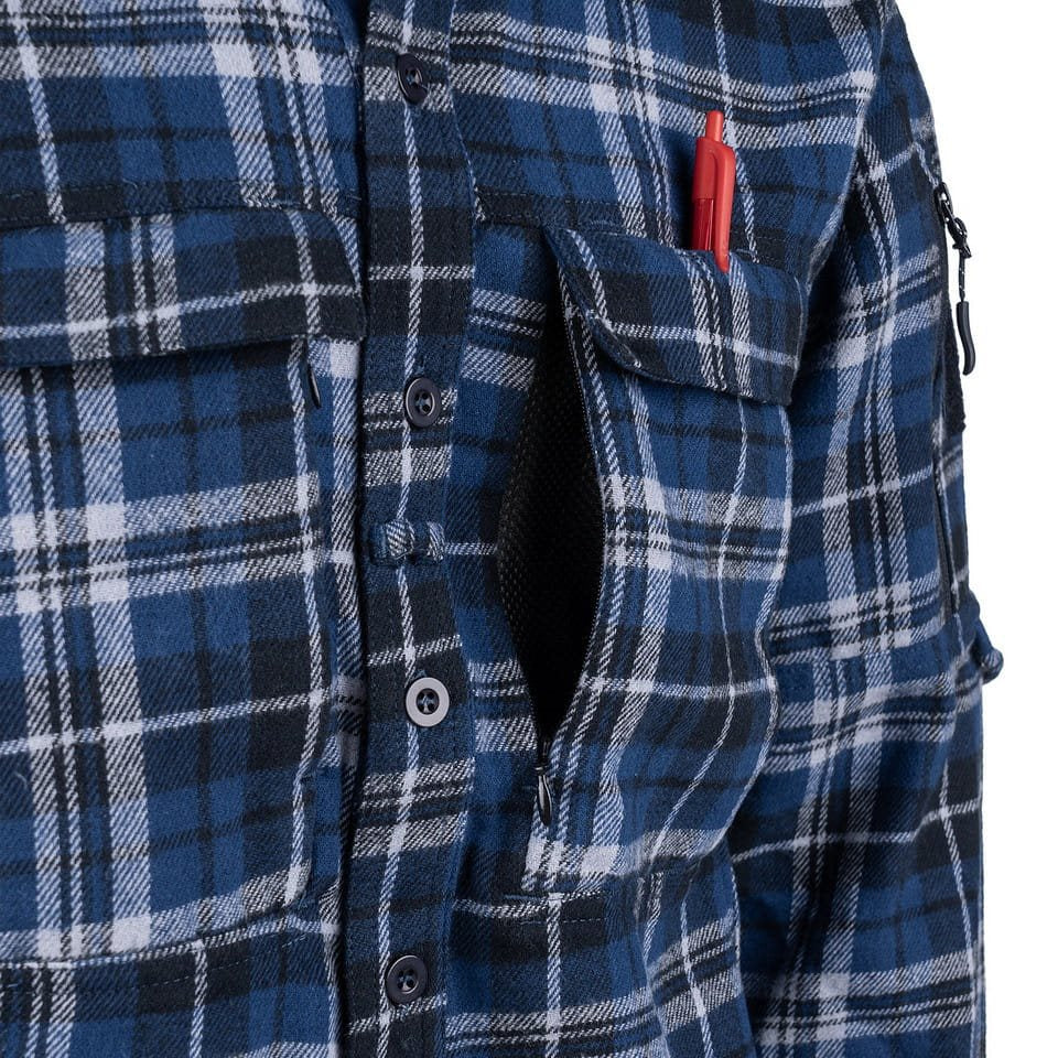 Camisa de franela CONTRACTOR a cuadros azul con 6 bolsillos y paneles de velcro