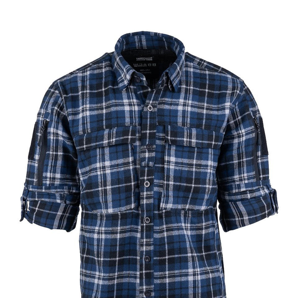 Camisa de franela CONTRACTOR a cuadros azul con 6 bolsillos y paneles de velcro