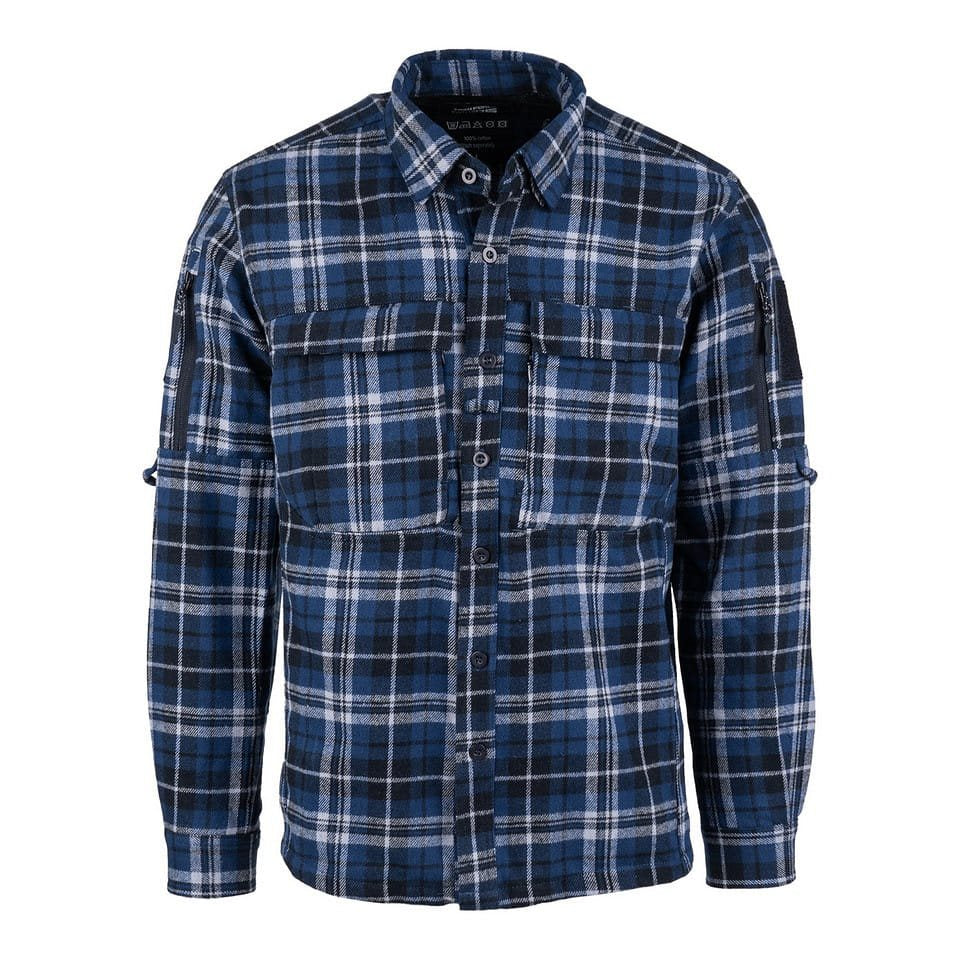 Camisa de franela CONTRACTOR a cuadros azul con 6 bolsillos y paneles de velcro