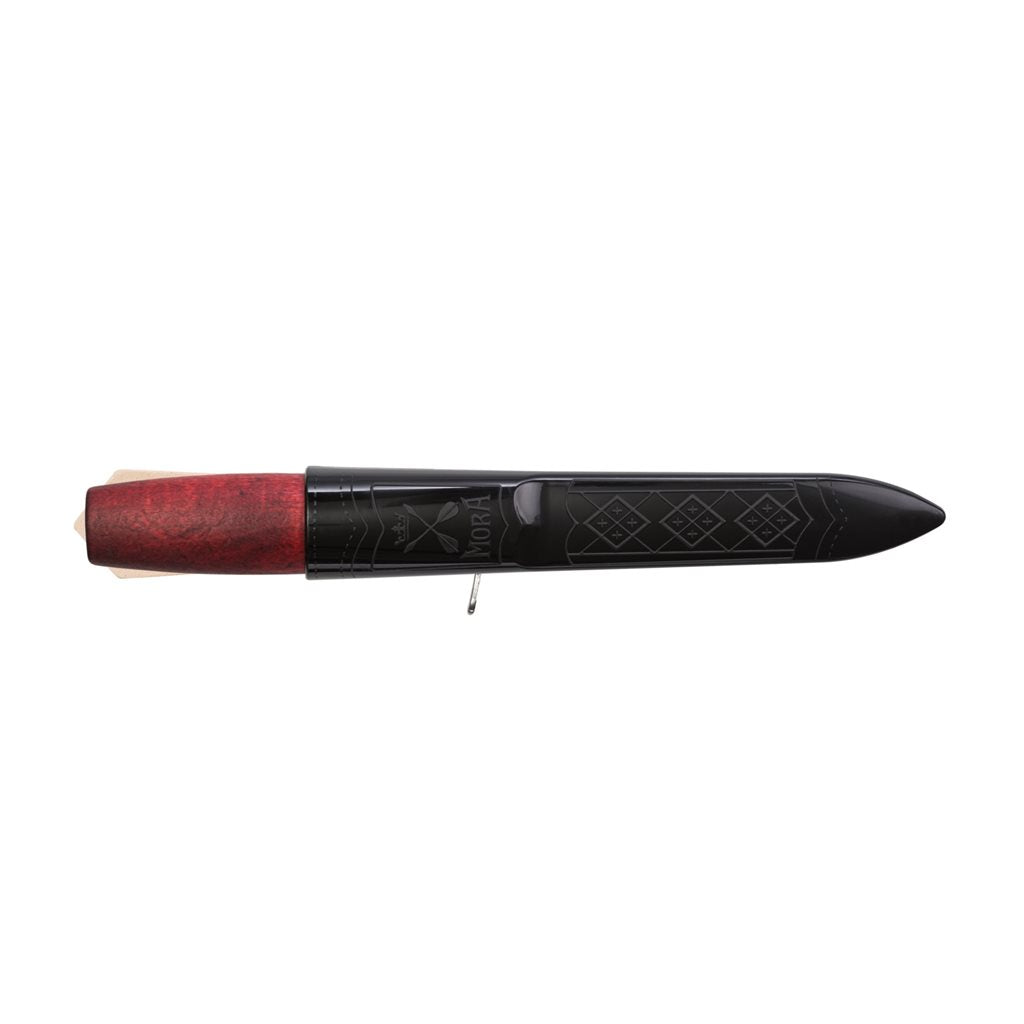 Cuchillo MORA Classic No.2F rojo con hoja de acero al carbono y funda plástica