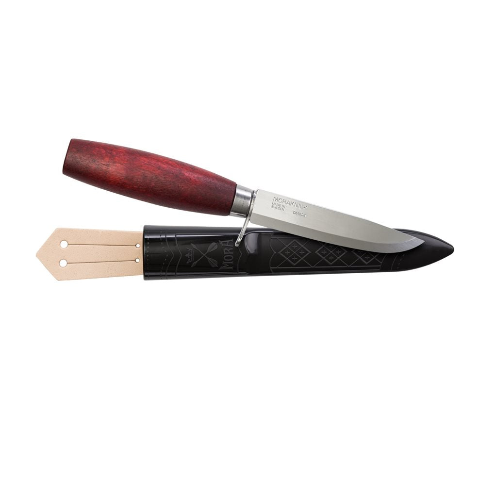 Cuchillo MORA Classic No.2F rojo con hoja de acero al carbono y funda plástica