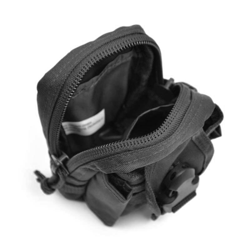 Funda negra para cinturón y MOLLE, apta para móvil o cámara, con cierre de cremallera y bolsillos integrados.