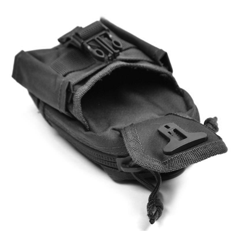 Funda negra para cinturón y MOLLE, apta para móvil o cámara, con cierre de cremallera y bolsillos integrados.