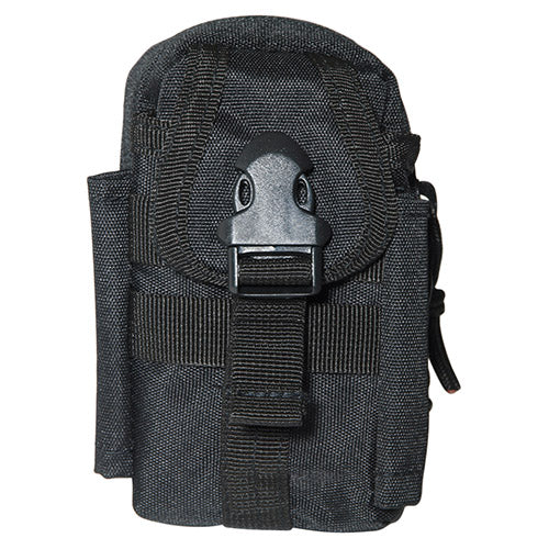Funda negra para cinturón y MOLLE, apta para móvil o cámara, con cierre de cremallera y bolsillos integrados.