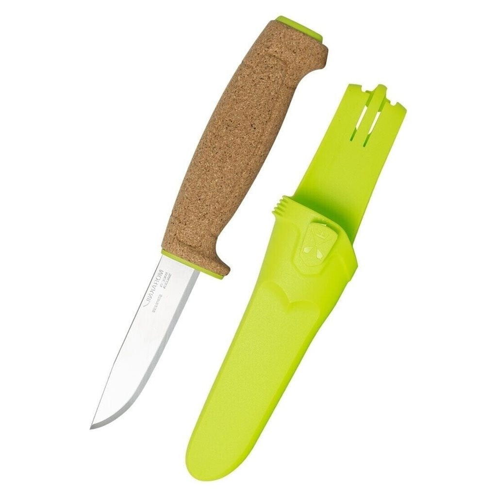 Cuchillo FLOATING con mango de corcho naranja y funda llamativa
