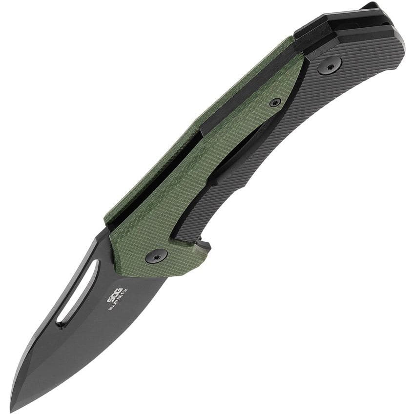 Navaja plegable BULWARK FL verde con hoja drop point negra PVD en Cryo D2 y filo liso