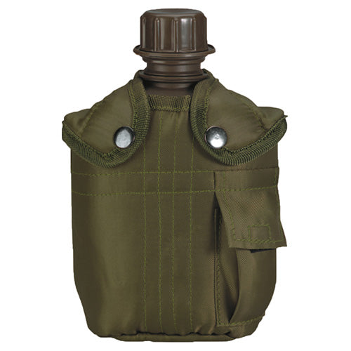 Cantimplora militar US con funda verde y bolsillo, vista del conjunto