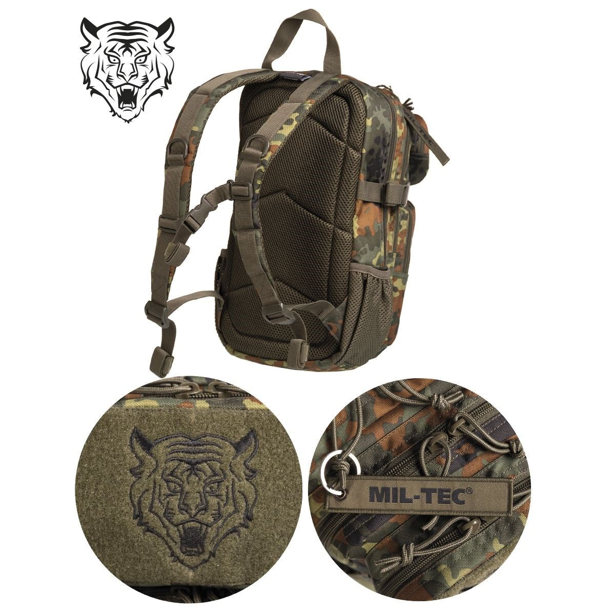 Mochila infantil US Assault Woodland aprox. 14 L, poliester con recubrimiento PVC, espalda acolchada