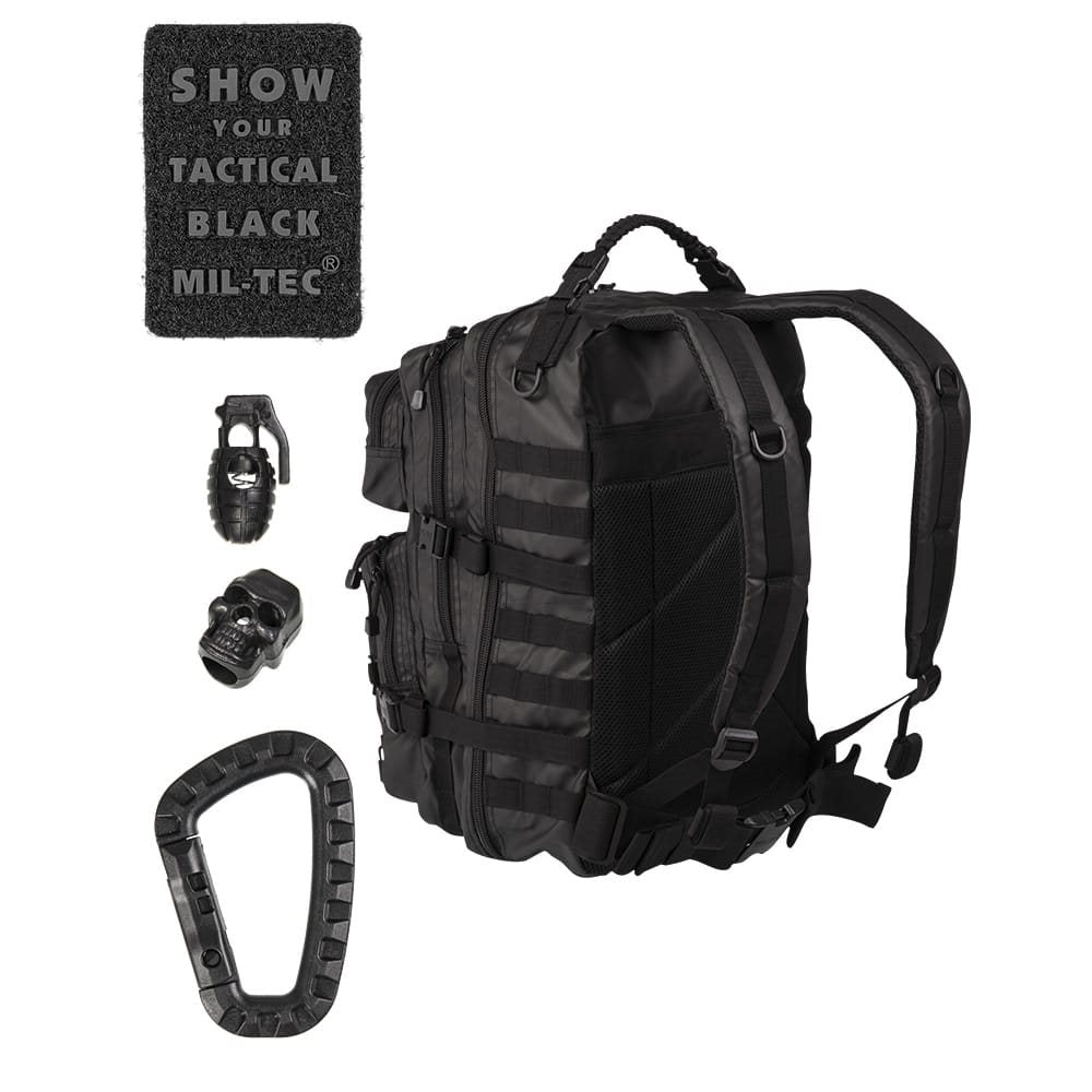 Mochila táctica Assault II negra con recubrimiento PU, capacidad aprox. 36 L, sistema MOLLE