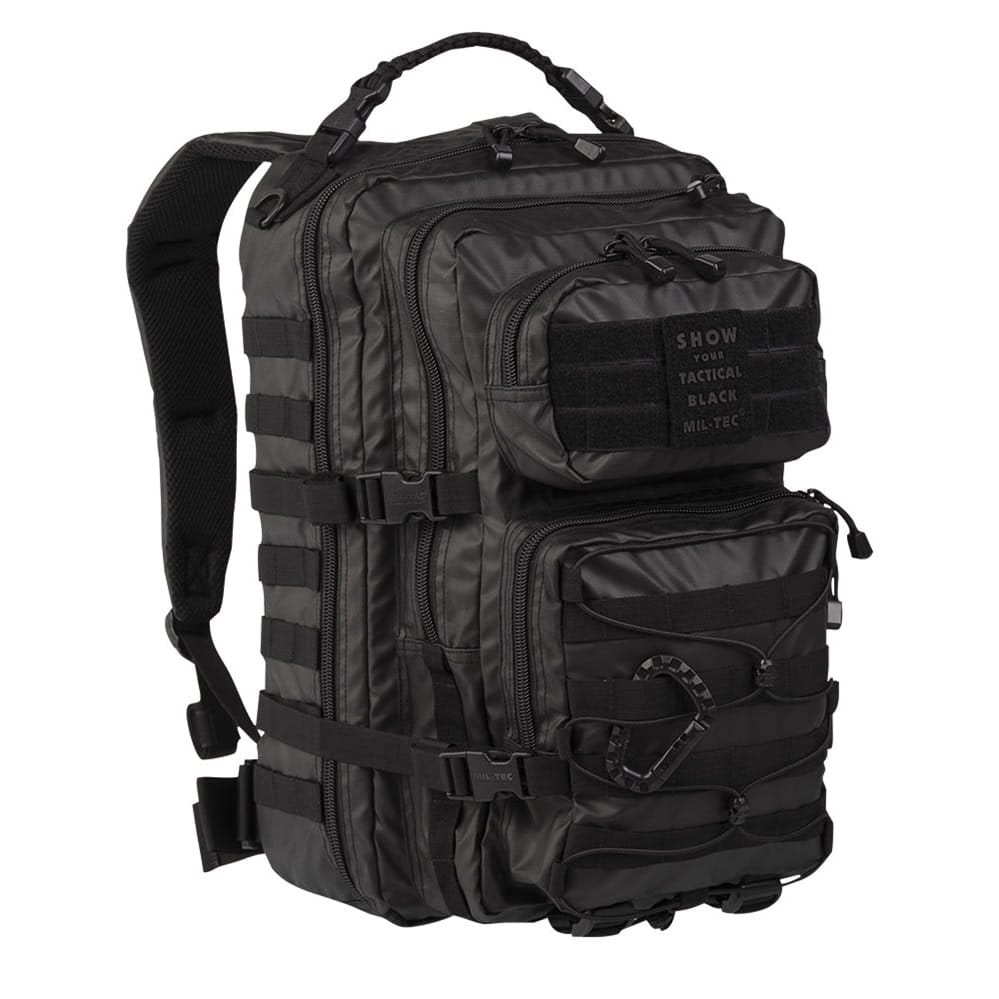 Mochila táctica Assault II negra con recubrimiento PU, capacidad aprox. 36 L, sistema MOLLE