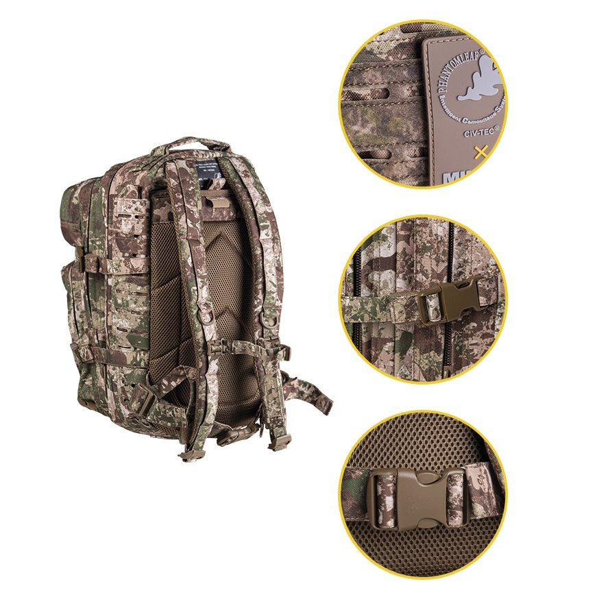 Mochila táctica ASSAULT I Laser Cut en color oscuro con panel láser y sistema MOLLE
