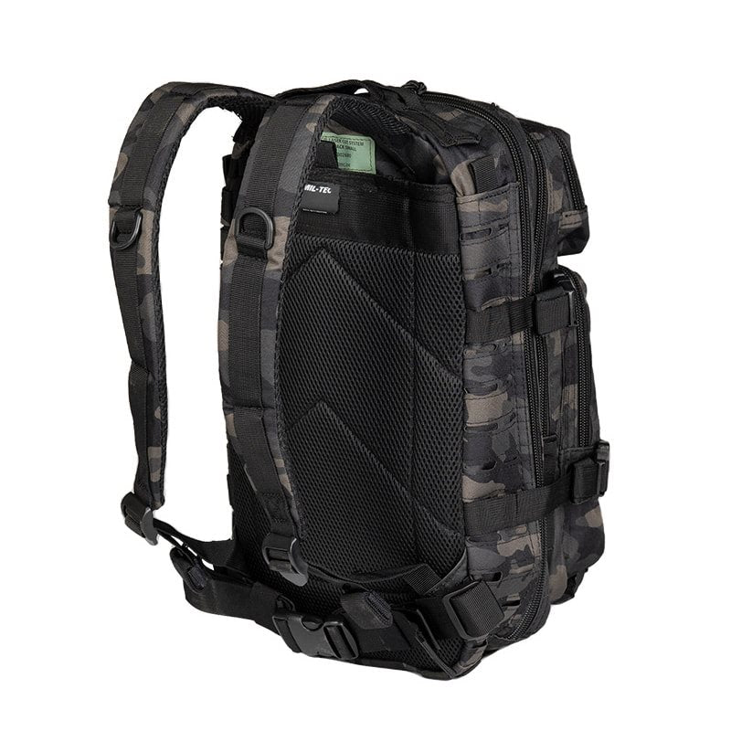 Mochila táctica ASSAULT I Laser Cut, pequeña, muestra correas MOLLE y bolsillos exteriores