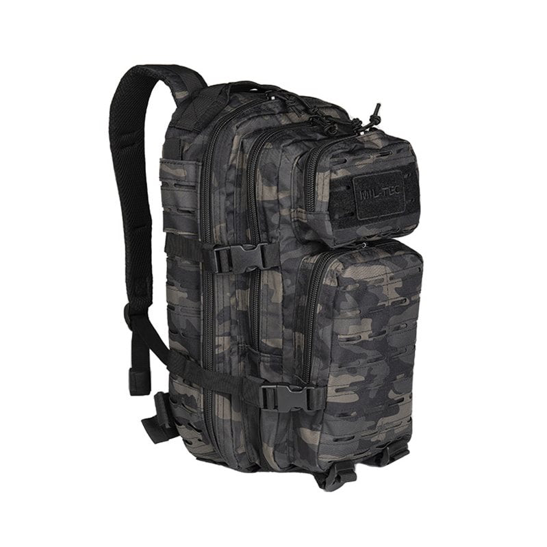 Mochila táctica ASSAULT I Laser Cut, pequeña, muestra correas MOLLE y bolsillos exteriores