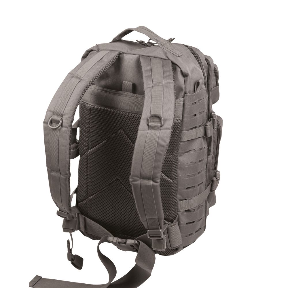 Mochila ASSAULT II LASER CUT gran Urban Grey vista frontal con sistema MOLLE y varios compartimentos