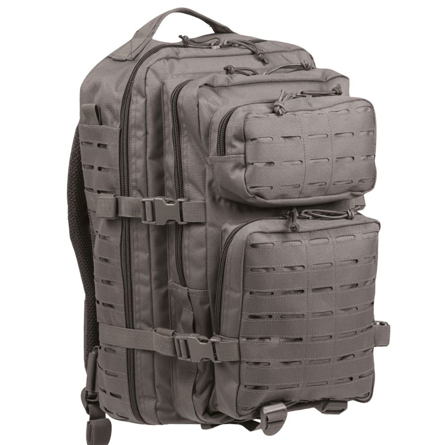 Mochila ASSAULT II LASER CUT gran Urban Grey vista frontal con sistema MOLLE y varios compartimentos