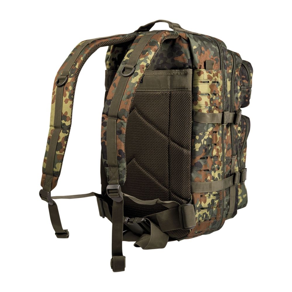 Mochila ASSAULT II LASER CUT gran Urban Grey vista frontal con sistema MOLLE y varios compartimentos